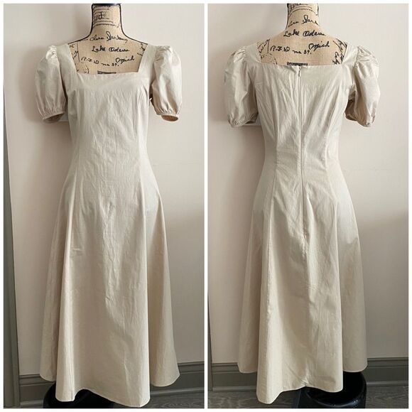 Nude color cotton dress with puff sleeves - Picture 1 of 4